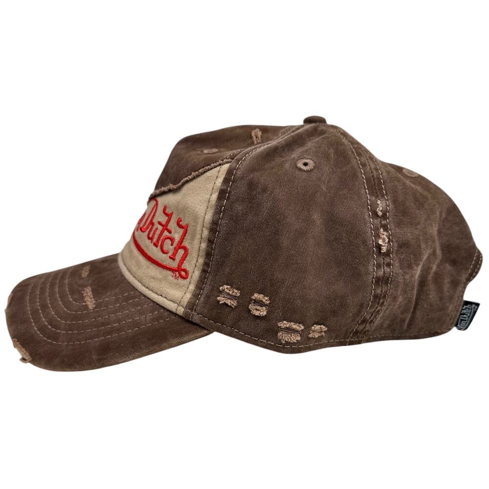 Von Dutch Trucker Hat Misfit Distressed Rips Embroidered Brown Strapback Cap - Picture 3 of 6